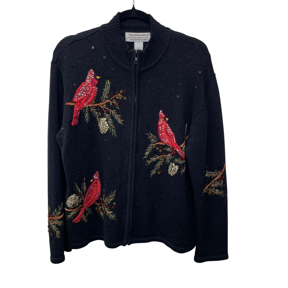 Tiara International 2004 Christmas Cardinal Sequin Beaded Zip Cardigan L Grandma
